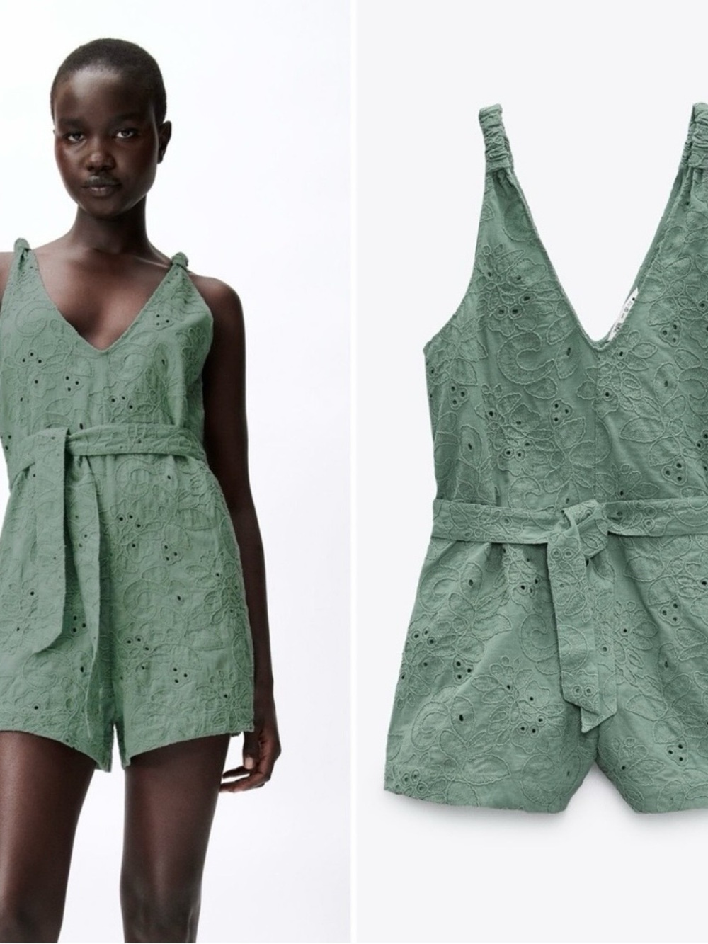 NWT Zara Nara Green Eyelet Romper with Tie Waist